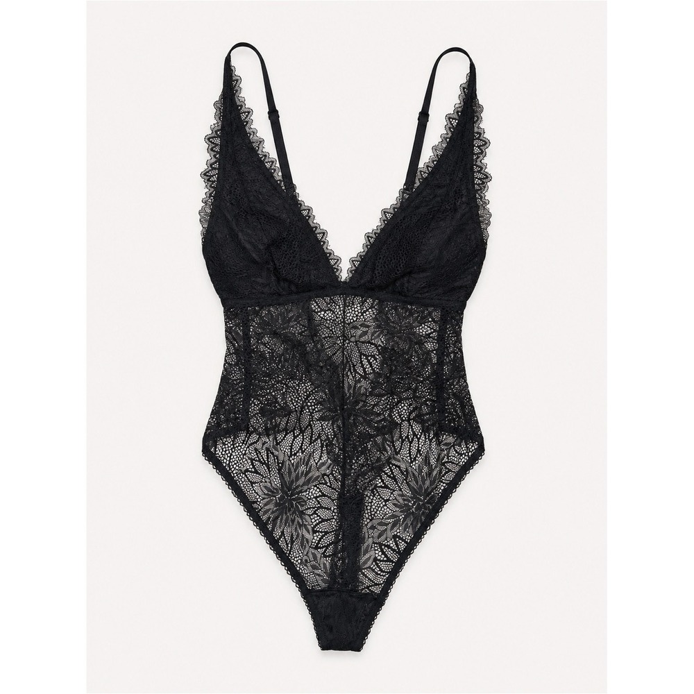 Abercrombie & Fitch Black Floral Lace Plunge Bodysuit Teddy Size Small NWT
